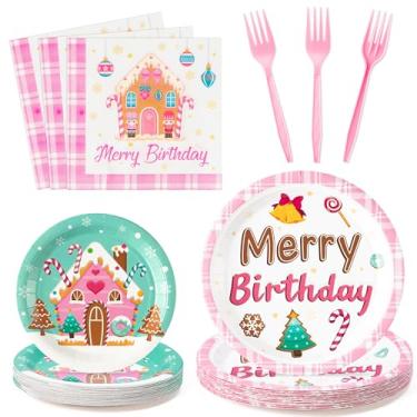 Imagem de G1ngtar Artigos de prato de festa de feliz aniversário - Serve de 24 a 96 peças de Natal, Natal, casas de aldeia, rosa, decoração de utensílios de mesa, prato de papel descartável, garfo de guardanapo