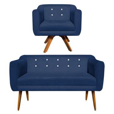 Imagem de Kit 01 Namoradeira 02 Lugares e 01 Poltrona Giratória Julia Suede Azul Marinho com Strass Base Madeira MM30 D'Rossi