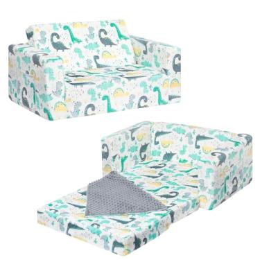 Imagem de ALIMORDEN Sofá infantil dobrável, extra largo confortável 2 em 1 sofá sherpa fofinho para crianças, com cobertor removível para bebês, sofá conversível para cama, dinossauro