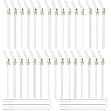Imagem de 30 canudos reutilizáveis de vidro transparente com 10 peças de escova de limpeza, resistente ao calor, lindos canudos dobrados de flores para smoothies, chás, sucos, milkshakes, coquetéis (30 peças