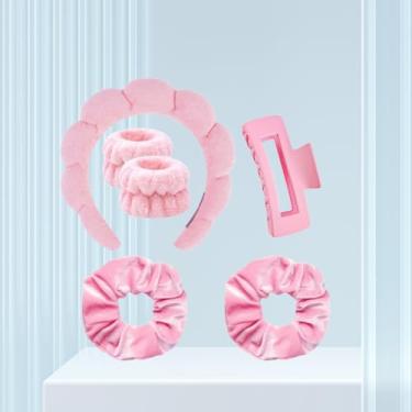 Imagem de 6 conjuntos de faixas de cabeça de spa para lavar o rosto, cuidados com a pele, tecido felpudo, faixas de flores, clipe de garra para maquiagem, máscara de lavagem facial, faixa de cabeça rosa 2