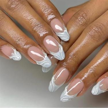 Imagem de Kit de unhas prensadas em forma de amêndoa unhas falsas azuis claras francesas médias com design de ondas de água 3D, capa completa, prensas de acrílico artificial, bastão falso na unha para mulheres