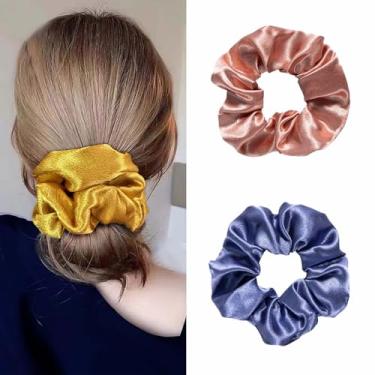 Imagem de 3 peças elásticos elásticos para cabelo de cetim de seda, anéis de cabelo, elegantes acessórios de corda de rabo de cavalo, laço de cabelo para mulheres, estilo e decoração de cabelo - dourado, azul e