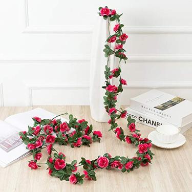 Imagem de Videira rosa artificial realista com flores e folhas, para casamento, festa, decoração de parede de casa, manto e decoração de jardim (vermelho rosa)