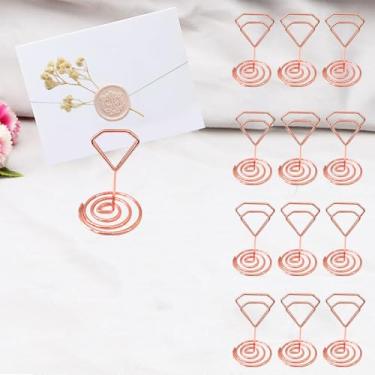 Imagem de 12 porta-números de mesa, porta-cartões de lugar, porta-cartões de mesa pequenos, porta-cartões de visita, porta-fotos de arame para recepção de casamento, festa de aniversário, ouro rosa e diamante