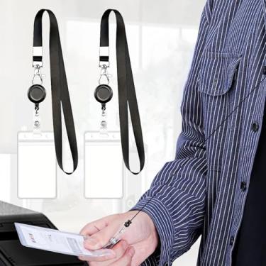 Imagem de 3 peças de porta-crachá de identificação transparente com cordão, cordões pretos com suporte vertical à prova d'água para crachá de identificação para escritório, escola, hospital, escritório de