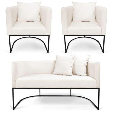 Imagem de Kit 01 Namoradeira 02 Lugares E 02 Poltronas Paola Linho Areia A27 Base Metálica Preto