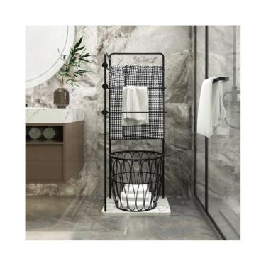 Imagem de porta-toalhas Luz de luxo toalheiro banho high-end rack armazenamento do banheiro piso metal arte simples e moderno prateleira(Preto)