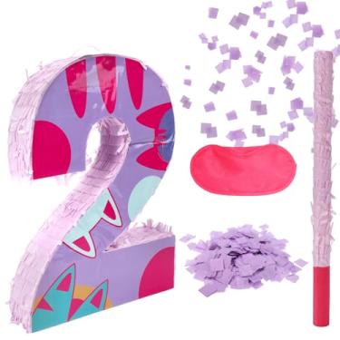 Imagem de Conjunto Pinhatas com Número Gato, Pinhata Aniversário com Tema Bastão Bater Tapa Olho Pedaços Papel Decorações Festa de Aniversário Fáceis de Pendurar para Meninos Meninas (Número 2)