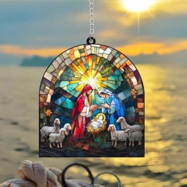 Imagem de 1 pç Presépio Acrílico Suncatcher Pendurado, Decoração de Janela de 18 cm com Design de Estilo Vitral Impresso, Arte de Parede Rainbow Maker, Ideia de Presente e Ornamento de Jardim Uso Interno