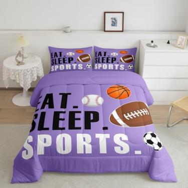 Imagem de Feelyou Conjunto de edredom esportivo tamanho solteiro, para meninos e meninas, presente para amantes de esportes, ultramacio, futebol, basquete, beisebol, respirável, leve, microfibra, roxo, bola