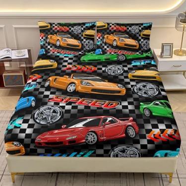 Imagem de AILONEN Jogo de lençol solteiro de carro de corrida para meninos tamanho GG - edredom de carro de corrida, esportes radicais com 2 fronhas - Jogo de lençol colorido de carros esportivos de velocidade