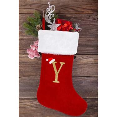 Imagem de Meia inicial grande de Natal para crianças em família, bordado letra Y veludo vermelho monograma meia de Natal para pingente de Natal, enfeites de pendurar em casa, decoração de festa, meia de Natal
