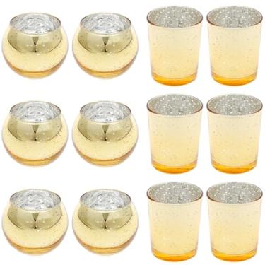 Imagem de 12 peças de suporte de vela votiva de vidro, 2 estilos de suporte de luz de chá, lâmpada vintage de aromaterapia para decoração de casa, mesa central, decoração de casamento e festa de Natal (ouro)