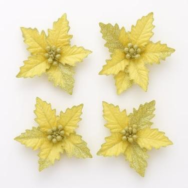 Imagem de Kit 4 Flores Natalinas Douradas com Glitter – Enfeite Poinsettia para Árvore de Natal, Guirlanda, Mesa e Decoração de Fim de Ano – Elegante e Reutilizável