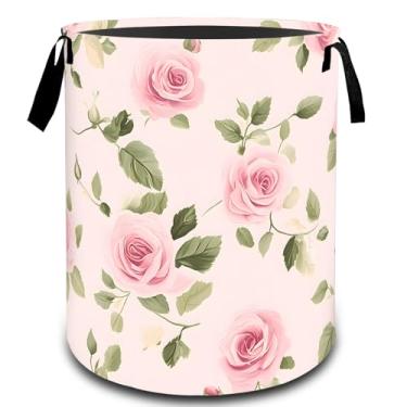 Imagem de VODRM Cesta de roupa suja floral rosa com flor rosa, organizador de brinquedos para crianças e adultos, cesto de armazenamento impermeável de tecido Oxford para quarto, banheiro, decoração de casa