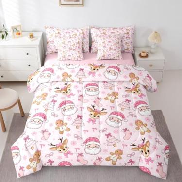 Imagem de Castle Fairy Jogo de cama King com edredom e lençol fofo de Papai Noel, com laço rosa, veado, floco de neve, rosa, Natal, 4 fronhas
