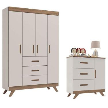 Imagem de Guarda Roupa E Cômoda Infantil Retrô Maya Off White Carvalho - Carolina