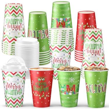 Imagem de CHENGU Pacote com 100 xícaras de café de Natal de 473 ml, vermelho, verde, com tampas, copos de café descartáveis para bebidas quentes, chocolate, chá, cacau, suprimentos de festa de Natal para