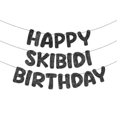 Imagem de Fulmoon Conjunto de 3 faixas pré-amarradas Happy Skibidi Birthday Banner Glitter Funny Gen Z Style Slang Birthday Party Supplies Gen Z Slag Party Decoration Sign Gift (preto)