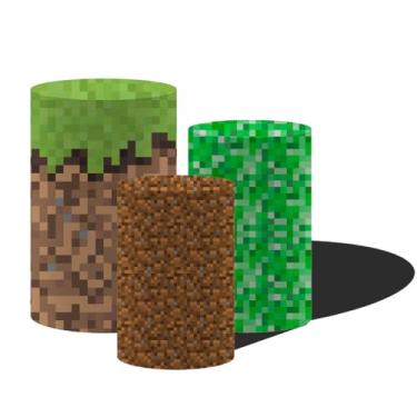 Imagem de FiVan Jogo de festa de aniversário com tema de pedestal pixelado, conjunto de 3, tecido elástico de elastano para decoração de suportes de metal cilíndricos (conjunto médio de 3, NO-1958-63-68)