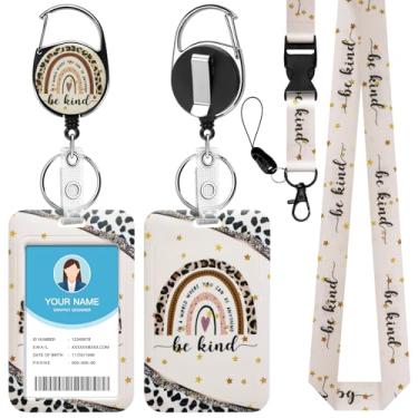Imagem de Soleebee Cordão Leopard Be Kind para crachás de identificação, lindo suporte de crachá de identificação e cordão destacável, chaveiro retrátil, carretel de crachá resistente com clipe mosquetão para
