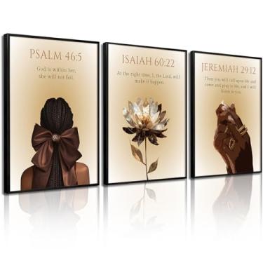 Imagem de Arte de parede de menina negra cristã mulher afro-americana decoração de parede pôster versículo bíblico mulheres negras impressões de flores imagem religiosa escritura pintura arte para quarto 30,5 x