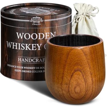 Imagem de Conjunto de copos de madeira Bourbon Coralago - Copo de uísque carbonizado feito à mão, presente de uísque de madeira para homens, pai, marido, com caixa de presente projetada - aniversário, Natal