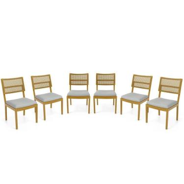 Imagem de Kit Com 6 Cadeiras Milena Madeira Maciça Assentos Estofados Encostos De Tela Palha Sextavada Linho Cinza 407