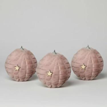 Imagem de Bola De Natal Rosa Decorada Estrela Pelúcia 10 Cm 3 Unidades - Tok da 