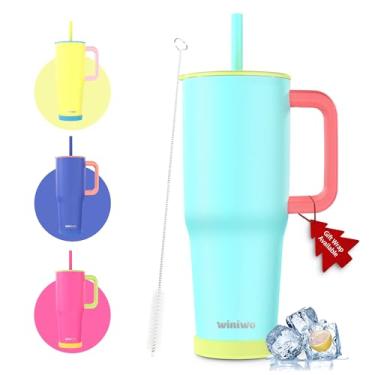 Imagem de winiwo Copo de 1,134 g com alça e canudo para ela, canudo flexível, copos isolados com fundo de silicone, mantém as bebidas frias por até 24 horas, academia/trabalho/viagem/escola/presente (azul