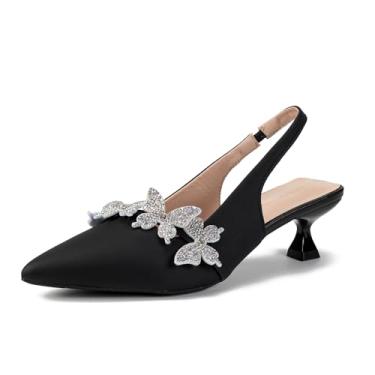 Imagem de Salto gatinho feminino com strass, borboleta, bico fino, para convidados de casamento, coquetel, formatura, noite ou eventos formais, salto baixo elegante para mulheres, Black Out, 36
