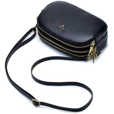 Imagem de Bolsa Transversal Feminina de Couro Genuíno com Três Zíperes Pequena e Simples para Celular Cinto Removível Ajustável Real Macio Mão Luxo Ideal Garotas