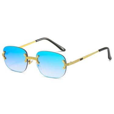Imagem de Óculos de sol de luxo sem aro, feminino, masculino, popular, vintage, punk, pequeno, espelhado (azul espelhado)