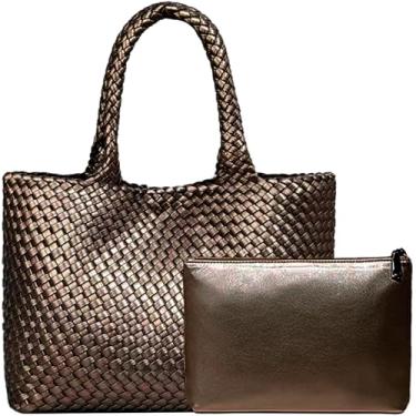 Imagem de JINMANXUE Bolsa feminina de neoprene de tecido de grande capacidade, bolsa de ombro casual feita à mão, Bronze, One Size