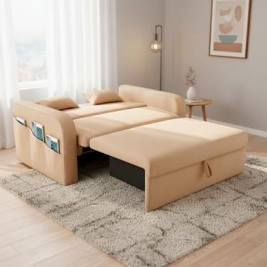 Imagem de Sofá Cama Com Baú 2 Lugares 140cm Lady Day Retrátil Com Almofadas Veludo Bege Aconchegante