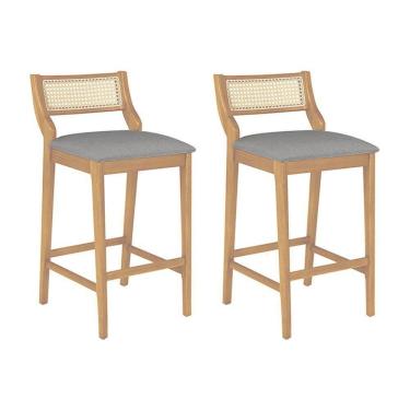 Imagem de Conjunto 2 Banquetas Lagum Jequitibá Terra Assento Linho Bege Palha Sextavada