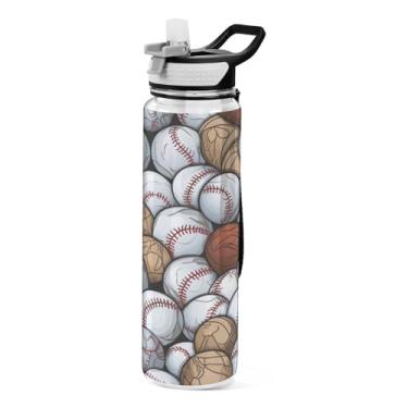Imagem de Blueangle Garrafa de água esportiva com padrão de bolas de beisebol 946 ml com tampa de canudo - Garrafas de água reutilizáveis Tritan sem BPA para academia, caminhadas e atividades ao ar livre (530)
