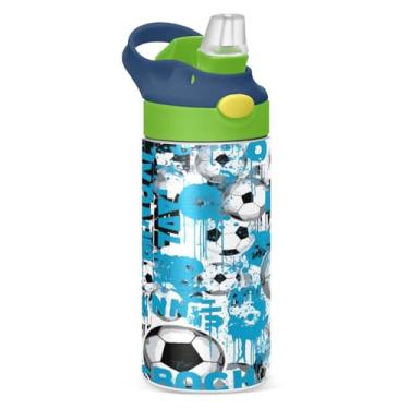 Imagem de Blueangle Garrafa de água de futebol azul de aço inoxidável isolada de 350 ml com tampa de canudo - Garrafa esportiva reutilizável à prova de vazamento para viagens, ao ar livre (470)