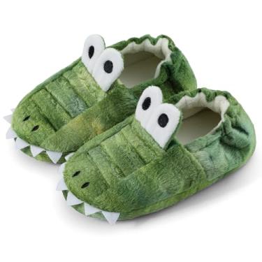 Imagem de KAKU NANU Pantufas infantis fofas de desenho animado de animais para meninas e meninos chinelos de lã quente para uso doméstico de inverno, Verde e dinossauro, 11-12 Little Kid