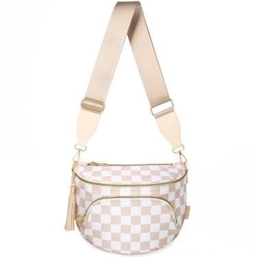 Imagem de HILAEX Bolsa tiracolo quadriculada antifurto espaçosa bolsas femininas pochetes de nylon bolsa leve carteira para viagem, Bege branco, Casual