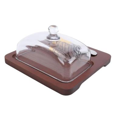 Imagem de Zerodis Prato de Manteiga de Madeira Conjuntos de Moinhos de Sal e Pimenta e Prato de Queijo Com Bancada de Fundo Plano Com Tampa de Vidro Transparente e Cortador de Aço Inoxidável para (Castanho