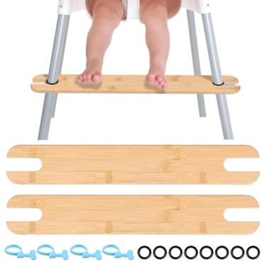 Imagem de Apoio para os pés para cadeira alta, antiderrapante, ajustável, de bambu natural, descanso para os pés para cadeira alta para bebês, com anel de borracha e anel de fixação azul para uma refeição mais
