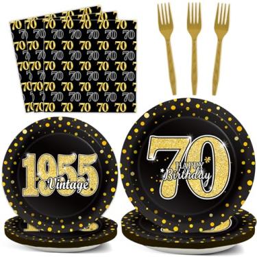 Imagem de 96 peças de utensílios de mesa para festa de aniversário de 70 anos vintage 1955 suprimentos para festas de 70 anos de idade, pratos, guardanapos, garfos, lembrancinhas pretas e douradas para homens