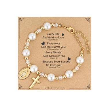 Imagem de Fervia Presentes Católicos Virgem Maria Cruz Rosário Pulseira de Pérola para Mulheres Confirmação Primeira Comunhão Batismo Joias Religiosas Cristãs Presente, Adjustable, Pérola