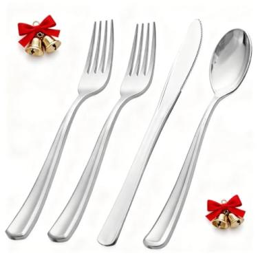 Imagem de WDF 500 peças de talheres de plástico prata - utensílios de prata de plástico - 250 garfos, 125 colheres, 125 facas, conjuntos de talheres descartáveis resistentes para festas, casamentos