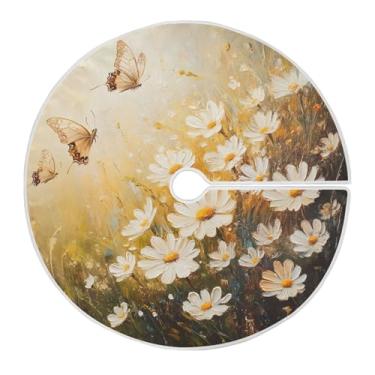 Imagem de Qilmy Saia de árvore de Natal de flores silvestres e borboletas 89,9 cm, camurça para árvore de Natal, adequada para decoração de armário em ambientes internos e externos, festas, escritórios, lojas