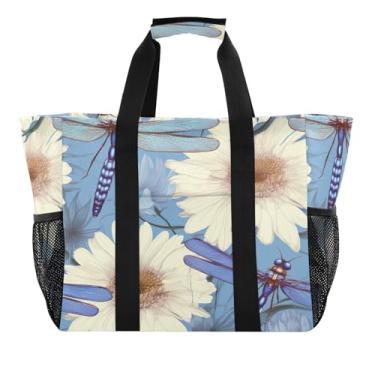 Imagem de Wassud Dragonflies and Daisies Sacolas de mercearia reutilizáveis grande bolsa organizadora de lona impermeável para praia, piquenique, lavanderia, viagem