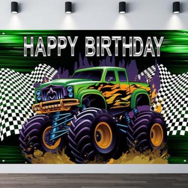 Imagem de Banner de aniversário de caminhão monstro, pano de fundo grande de faixa de feliz aniversário, decorações de feliz aniversário de caminhão, para meninos, crianças, suprimentos de festa temáticos de