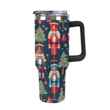 Imagem de Quteprint Copo isolado de aço inoxidável de 1,134 g com alça, garrafa de água à prova de vazamento de árvore quebra-nozes de Natal caneca de viagem com tampa e canudo para água, chá gelado ou café,